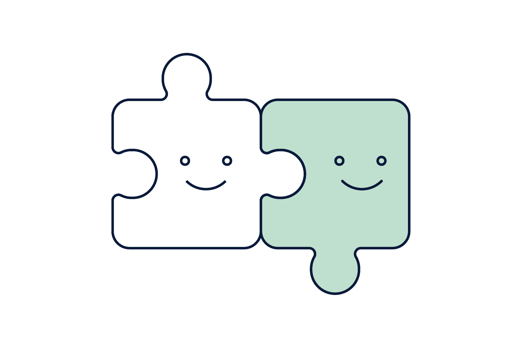 White and green smiling puzzle pieces interlocked.