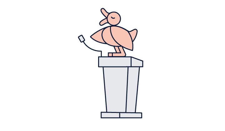 A stylized pink bird standing at a podium with a microphone.