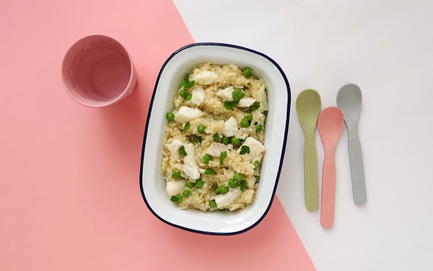 Creamy haddock and peas risotto with spinach, tomato and parmesan salad