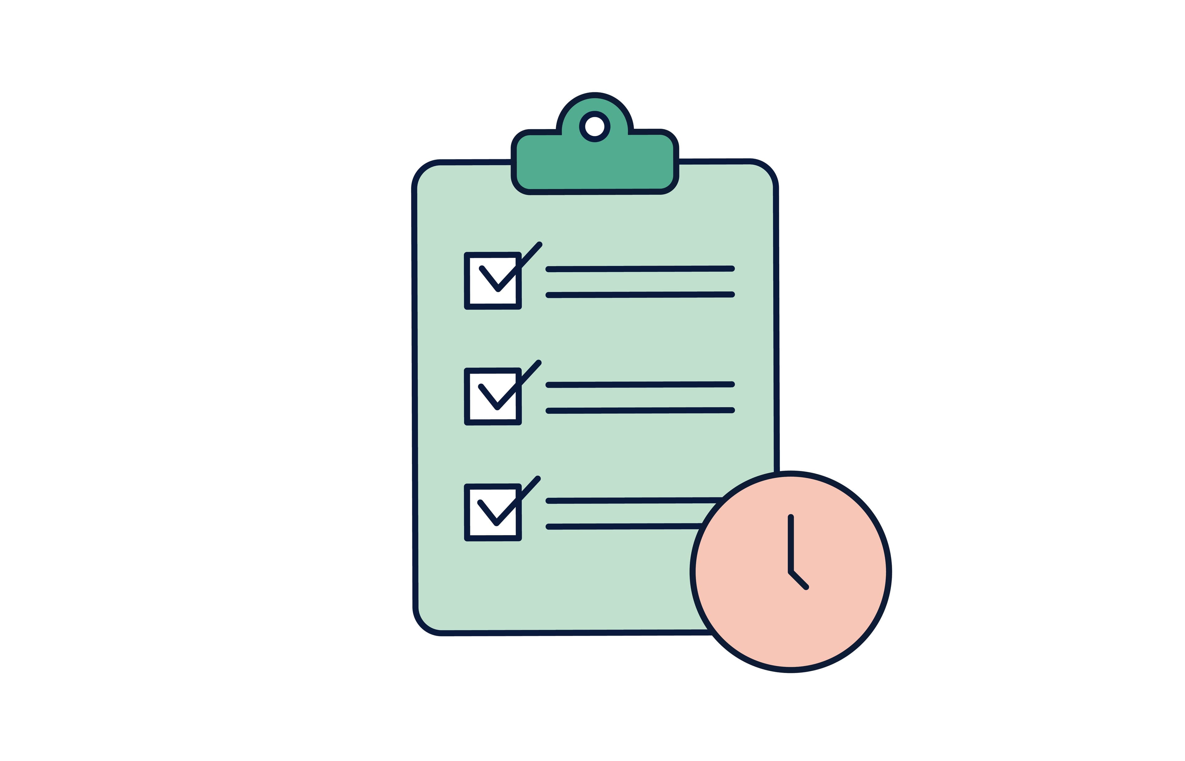 Clipboard with completed checklist and a clock.