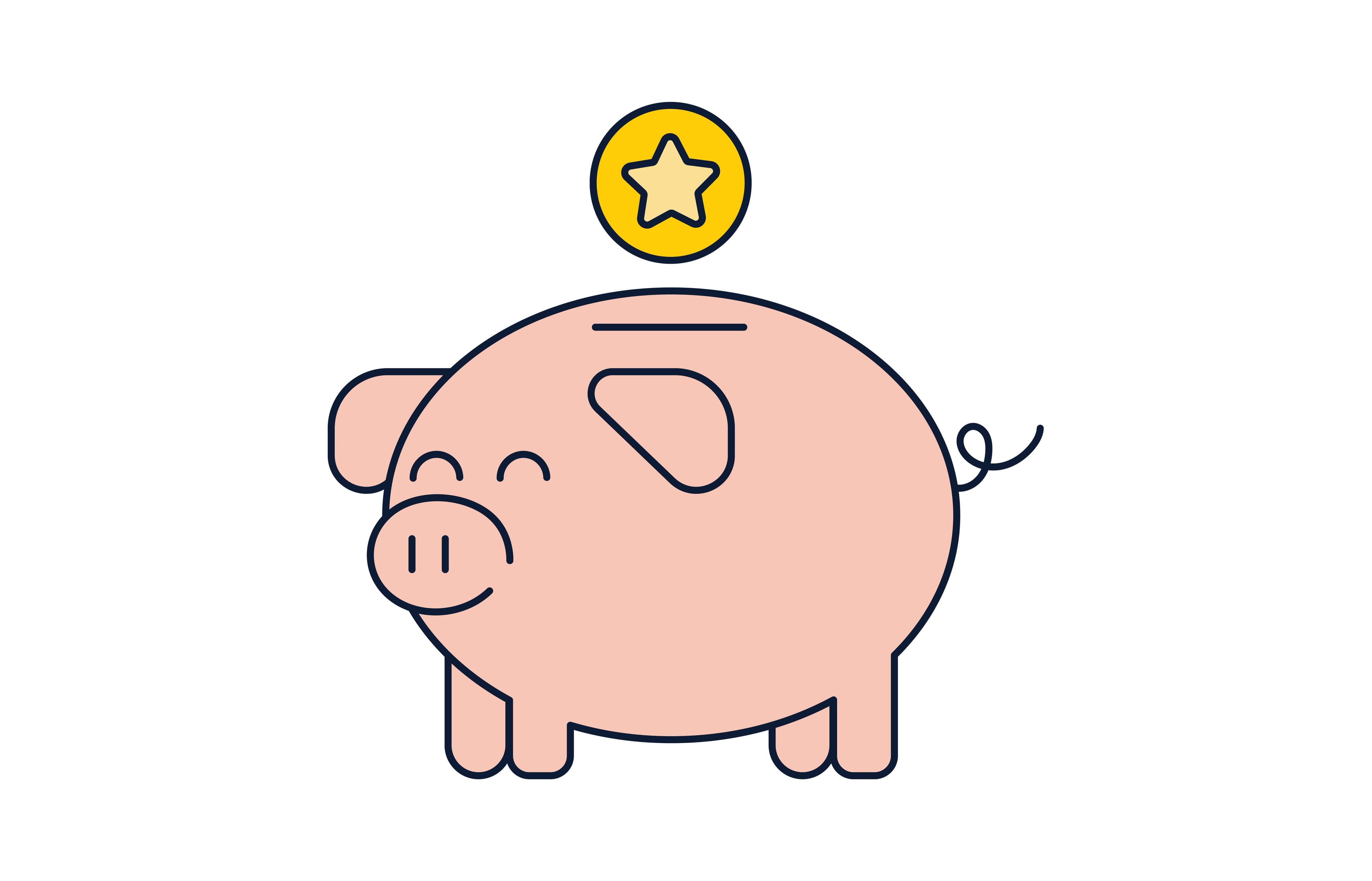 Smiling pink piggy bank with a star coin.